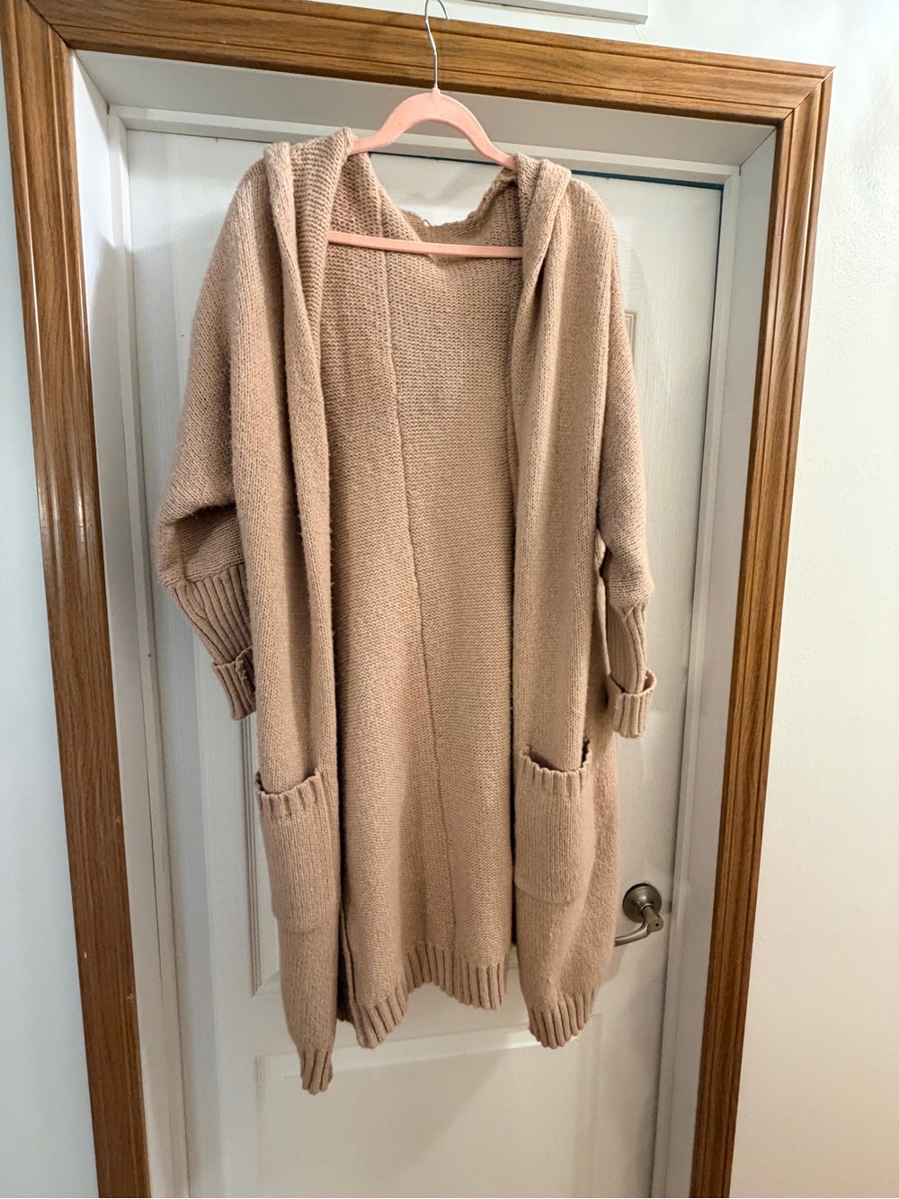 Open-Front Hooded Cardigan Sweater - apricot